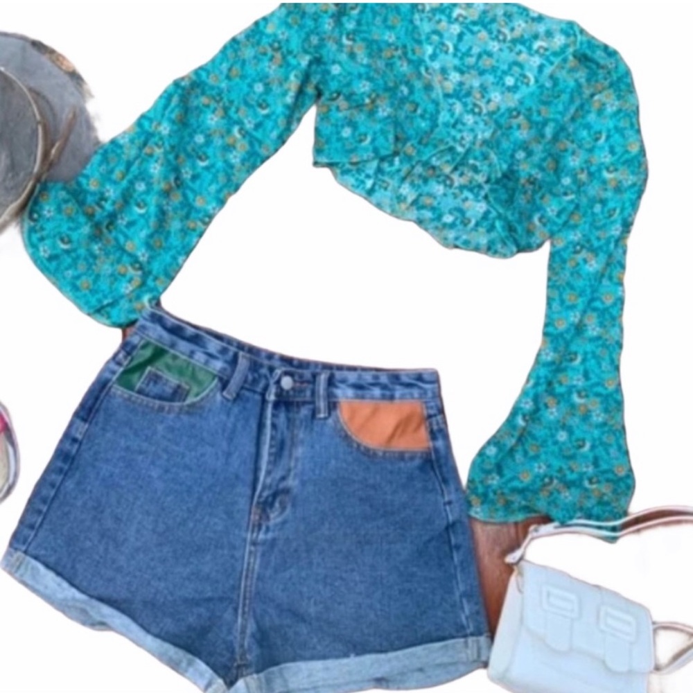 New Boho Floral Green & Orange Ditzy Bell Sleeve Tie Front Crop Kimono Top - Picture 7 of 16